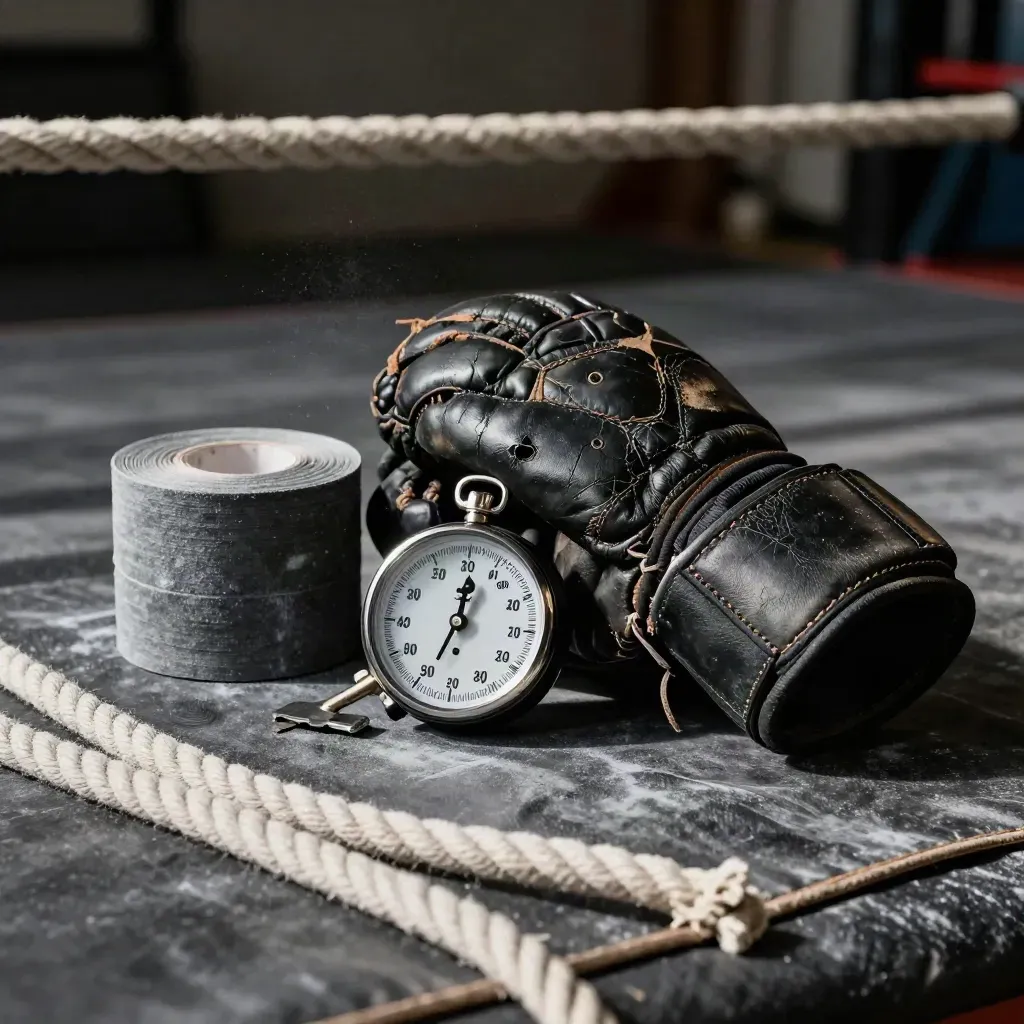 Used coach mitts, round timer, and chalked tape roll on a boxing ring apron in dramatic side light.