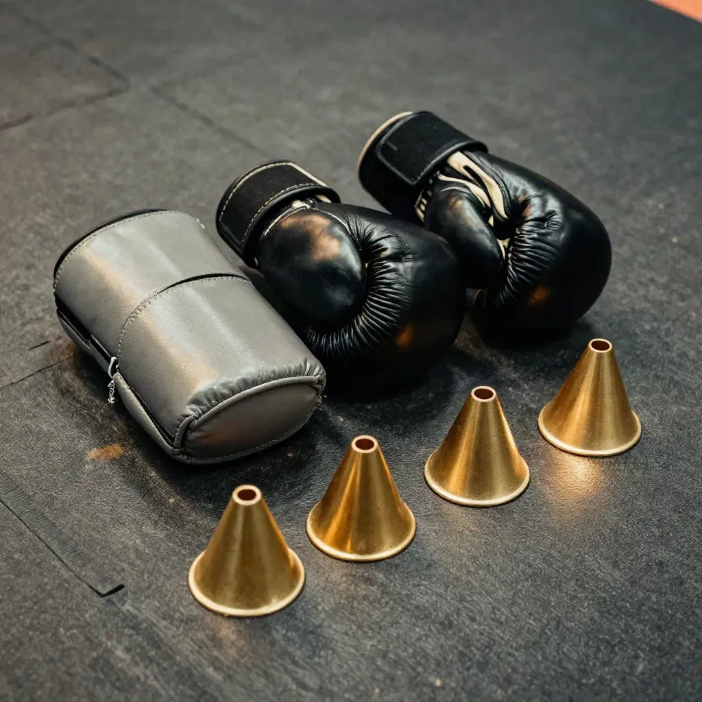 Kid-size boxing gloves, foam guard, and gold training cones on a textured gym mat