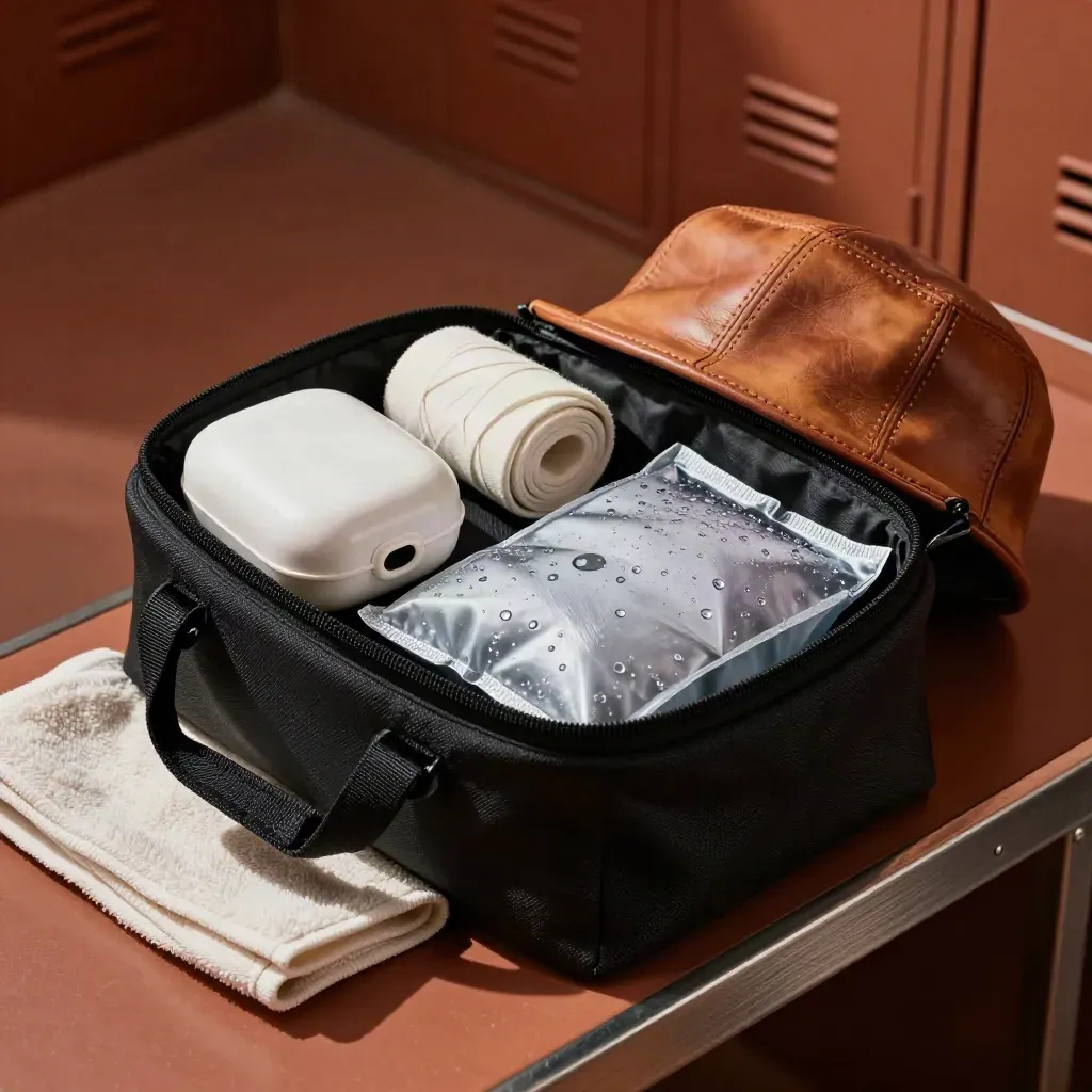 Fight-prep kit with mouthguard case, wraps, towel, and ice pack in an open bag