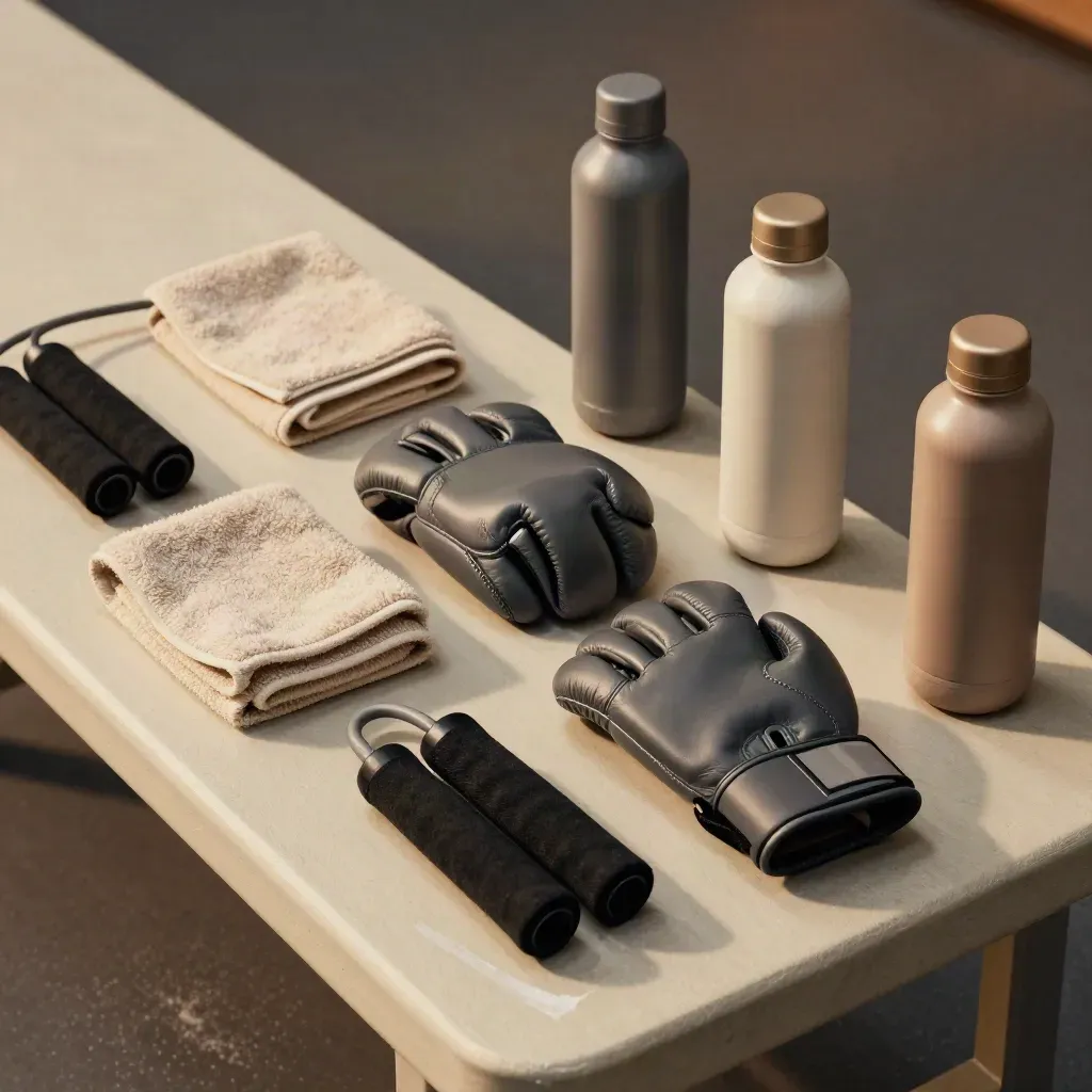 Overhead boxing weekly kit on a pale bench: rope, gloves, towel and bottle in calm ritual.