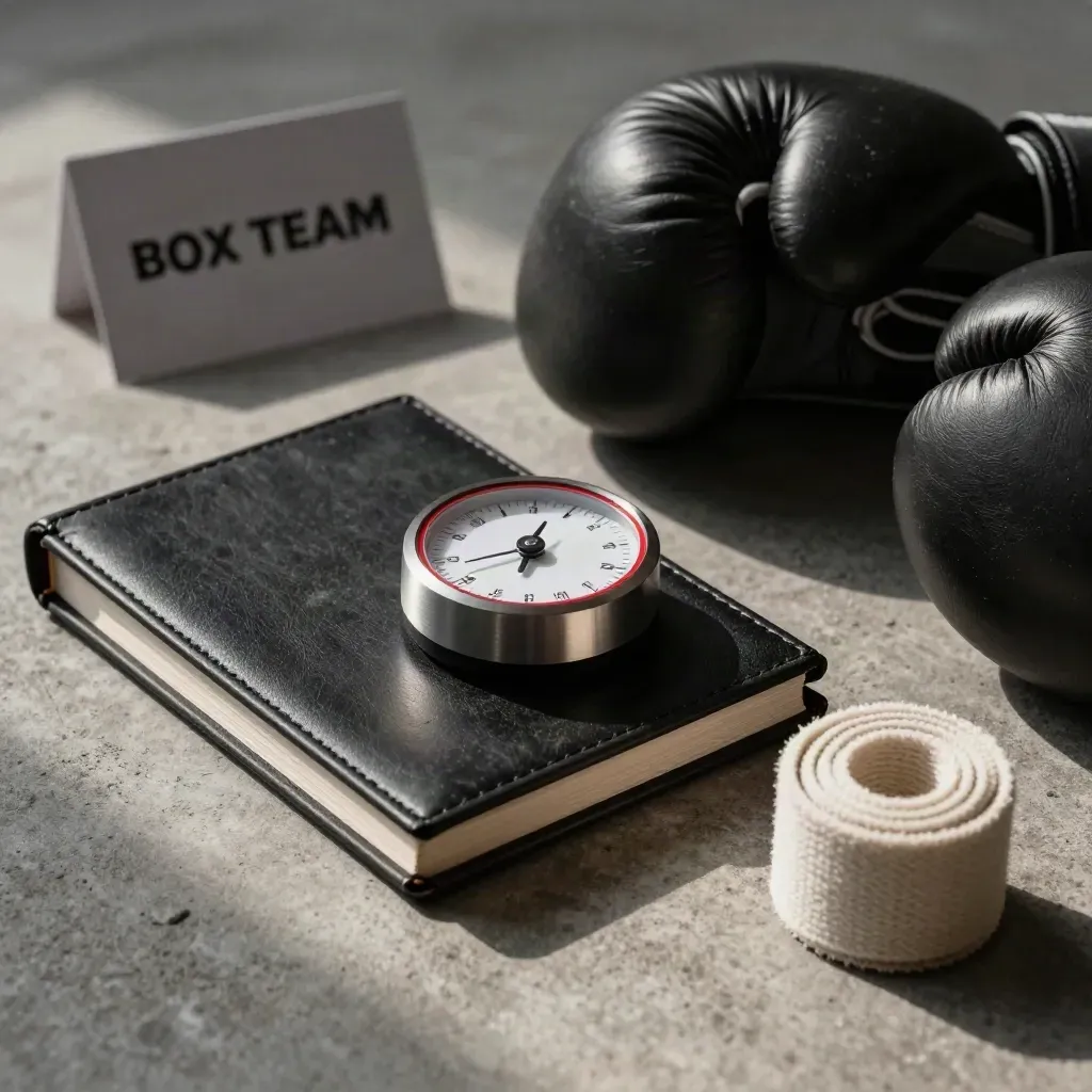 Closed training log, timer, gloves, and recovery band on concrete