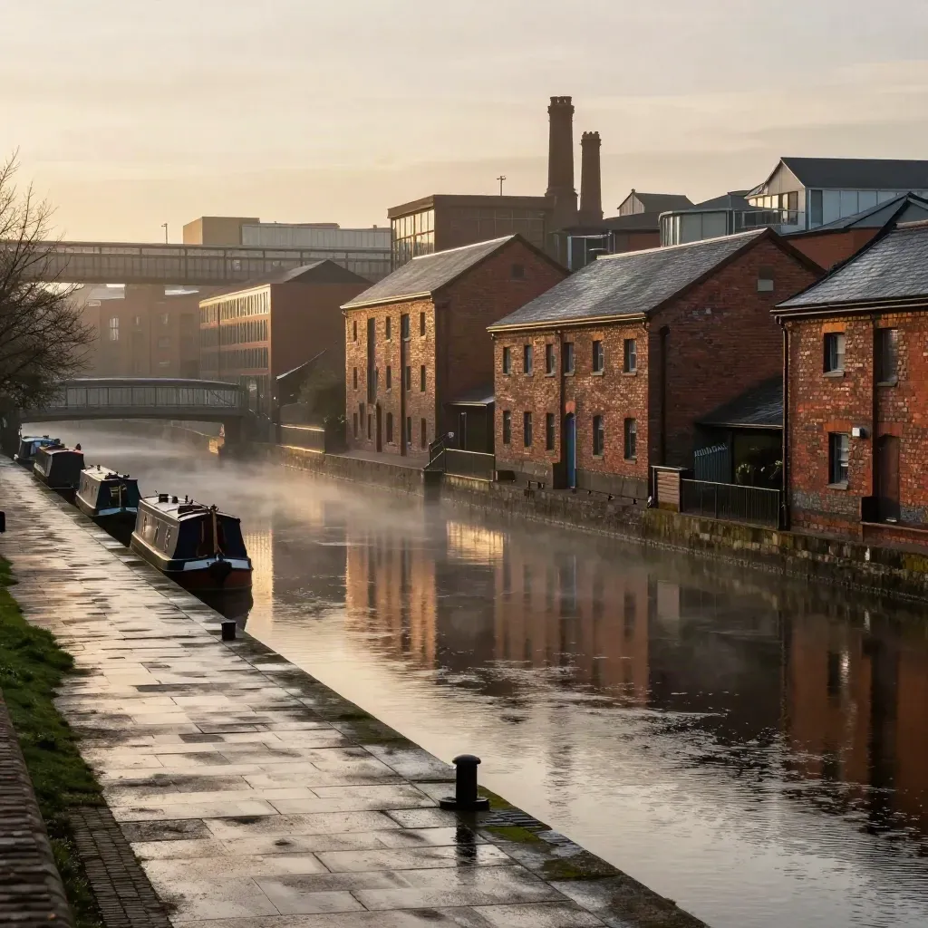 Mist rises over Birmingham canal warehouses and brick rooftops at dawn