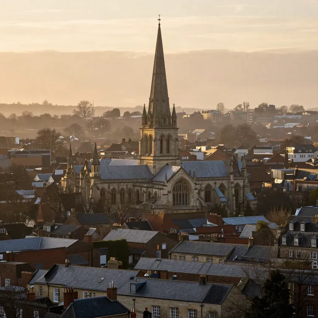 Coventry cathedral spire over quiet rooftops in warm sunset haze