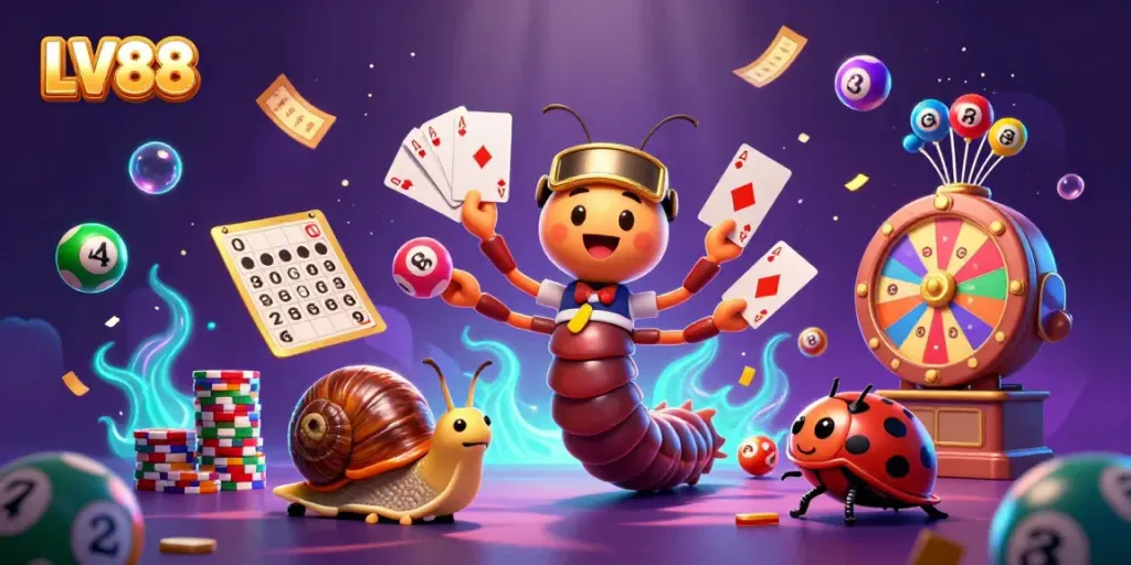LV88's thrilling casino scene with vibrant characters and colorful game elements showcasing lively betting action.