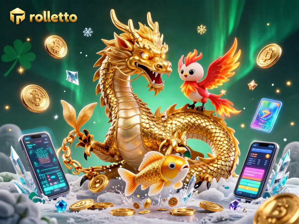Experience rolletto's thrilling online gambling with this dynamic 3D illustration showcasing vibrant casino mascots and crypto elements.