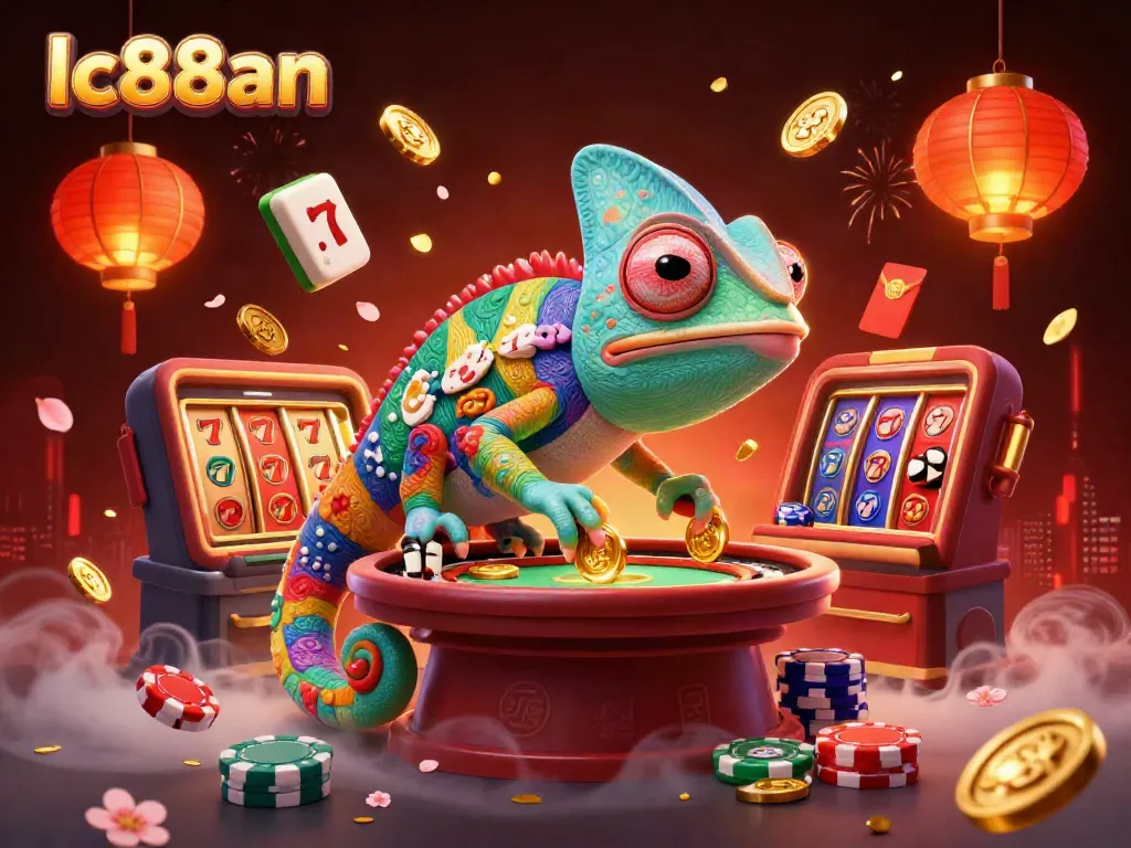 Engage with lc88an's vibrant casino experience featuring the chameleon owner surrounded by slot reels and festive decorations.