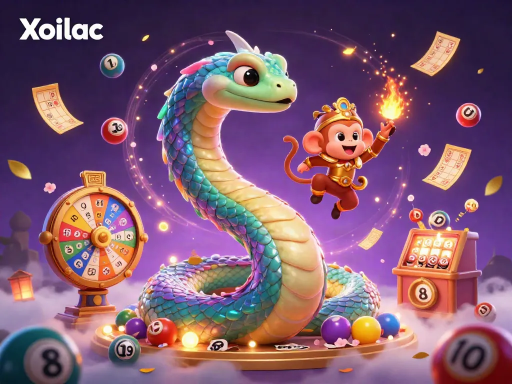 Xoilac TV offers a magical scene with a vibrant rainbow serpent and monkey king amid lively lottery elements.