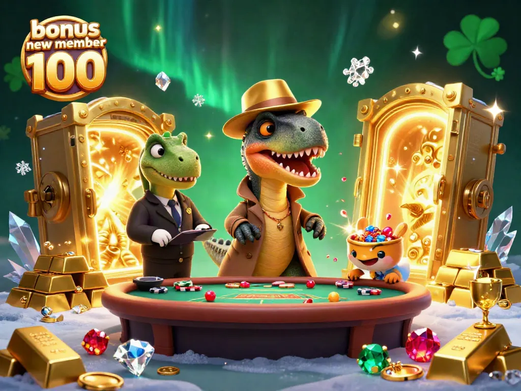 A cartoon velociraptor at a blackjack table, depicting excitement of bonus new member 100 in a vibrant casino setting.