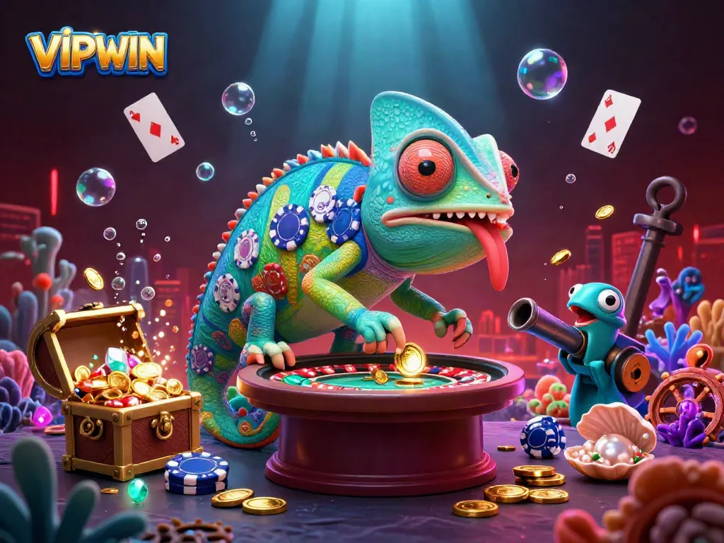 Experience the excitement of VIPWIN with a vibrant 3D chameleon casino owner centered amidst dynamic casino game elements.