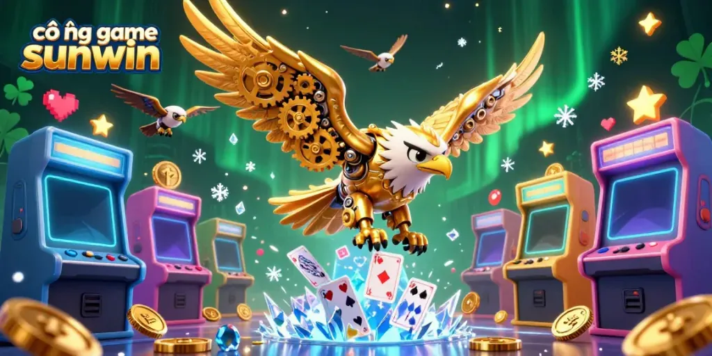 Experience the thrill at cổng game sunwin with a cybernetic eagle diving through holographic cards.