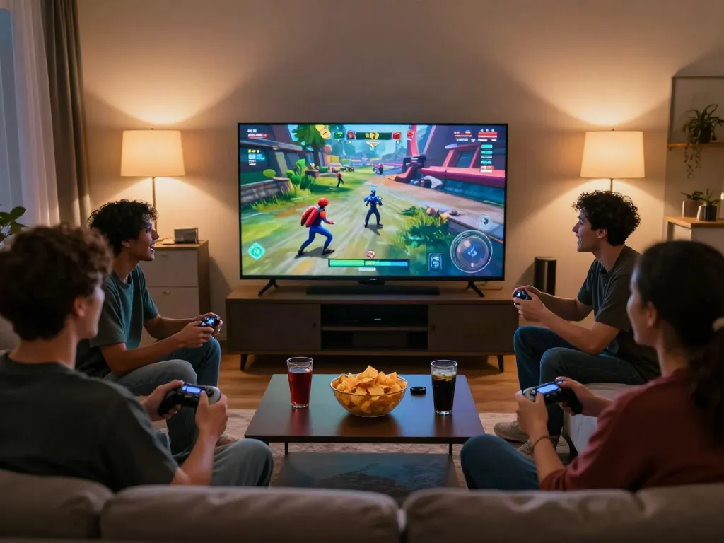 Friends playing games together in a cozy living room centered around http://11bet-app.net/ gaming experience with exciting multiplayer action.