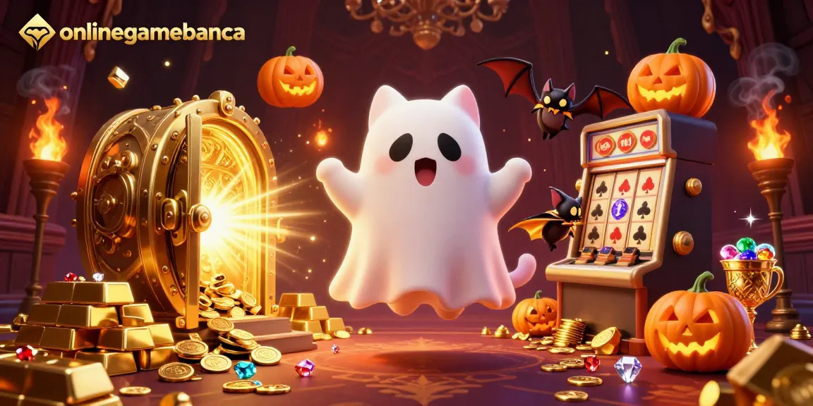 Experience thrilling gameplay at onlinegamebanca with a festive ghost cat and bat in a vibrant casino scene.