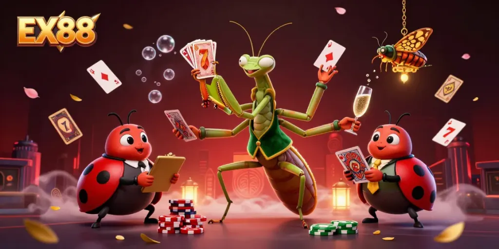 Engage in exhilarating gaming adventures with EX88 as a giant praying mantis dealer entertains players in a vibrant casino.