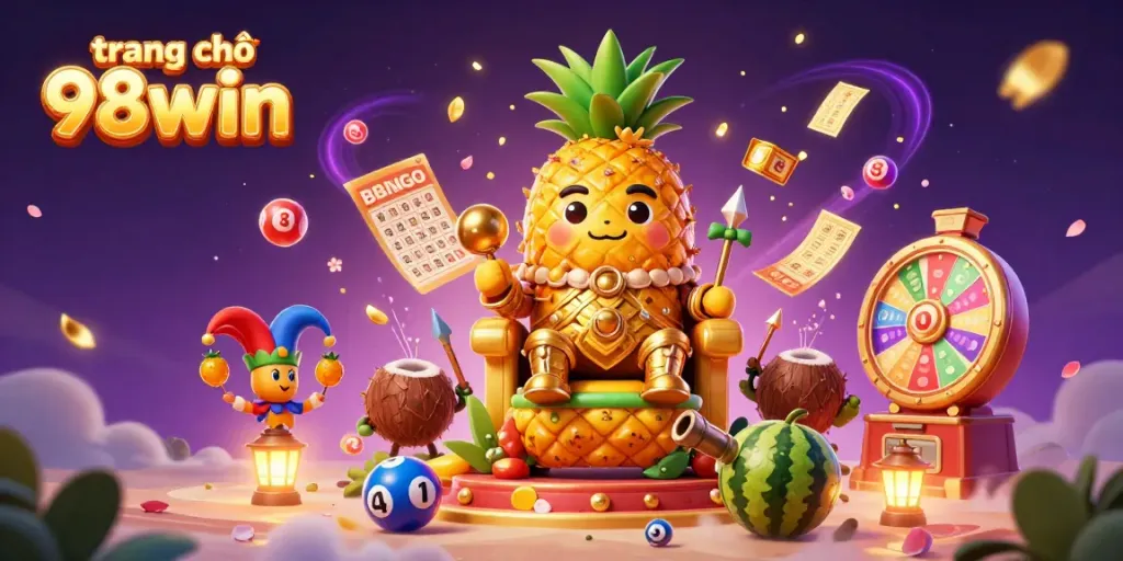 Engage in the vibrant lottery excitement at trang chủ 98win with the golden pineapple king and casino characters.