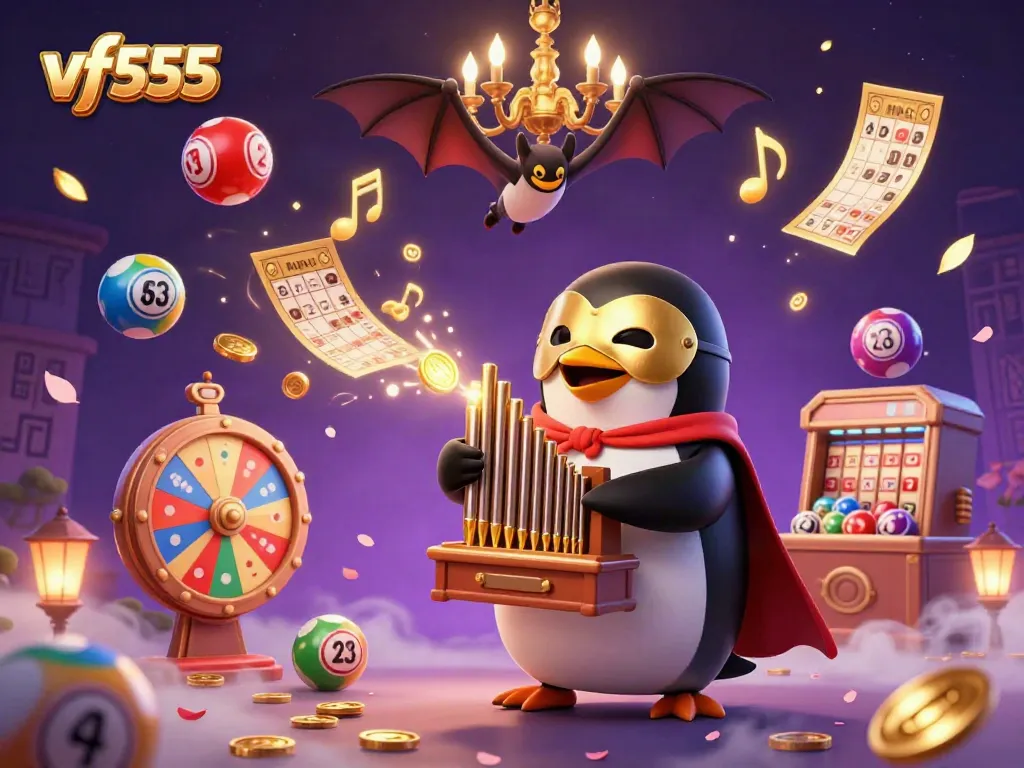 Experience the excitement of vf555 with a vibrant 3D casino scene featuring dynamic lottery games.