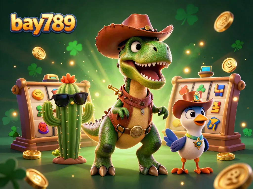 Spin the reels with bay789 featuring a dynamic scene of a cowboy dinosaur and friends in a colorful casino world.