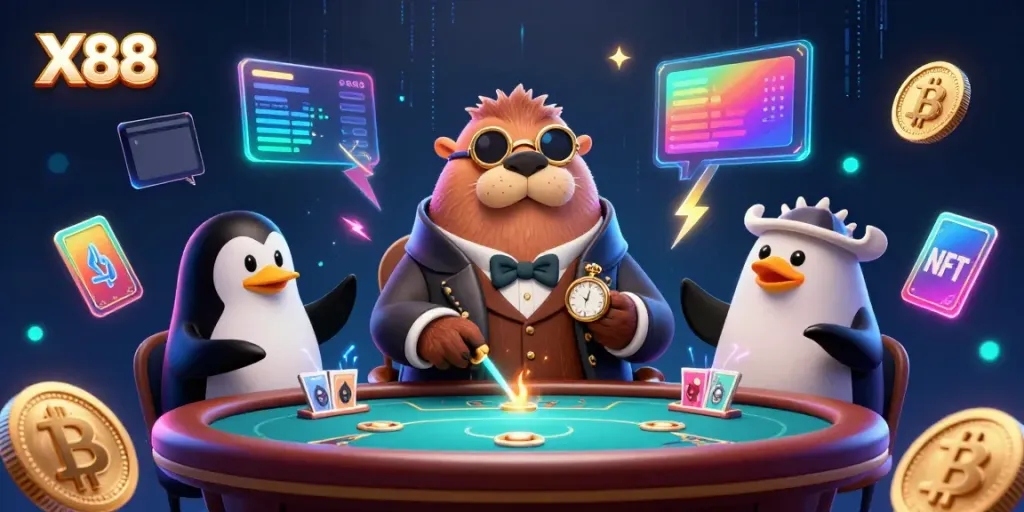 Experience the thrill of X88 at an underwater poker table with vibrant 3D characters and crypto elements.