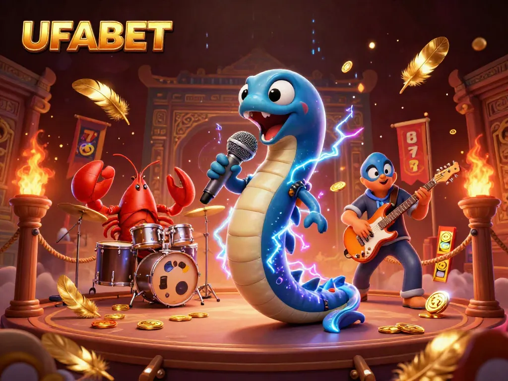 UFABET showcases an electric eel DJ in an underwater casino scene, featuring vibrant animations and gambling elements.