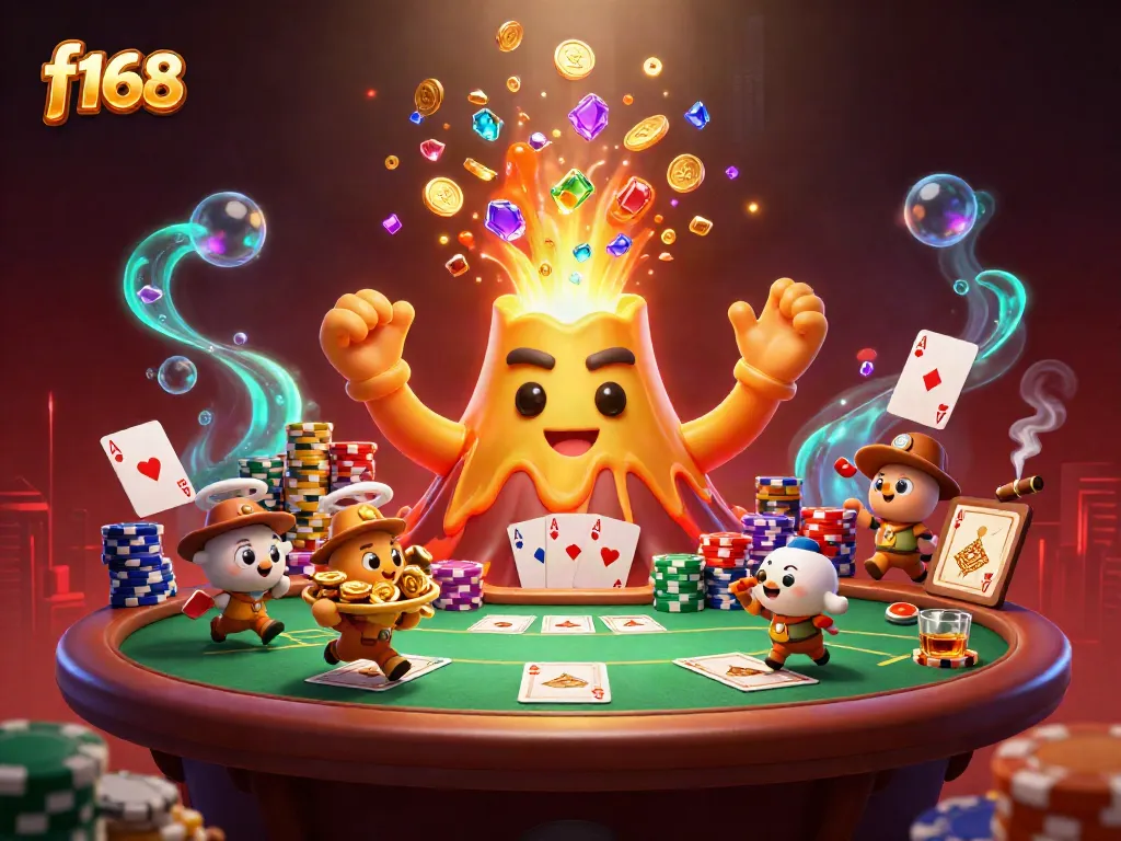Experience the thrill of f168 with a golden volcano spilling treasure amidst poker excitement.