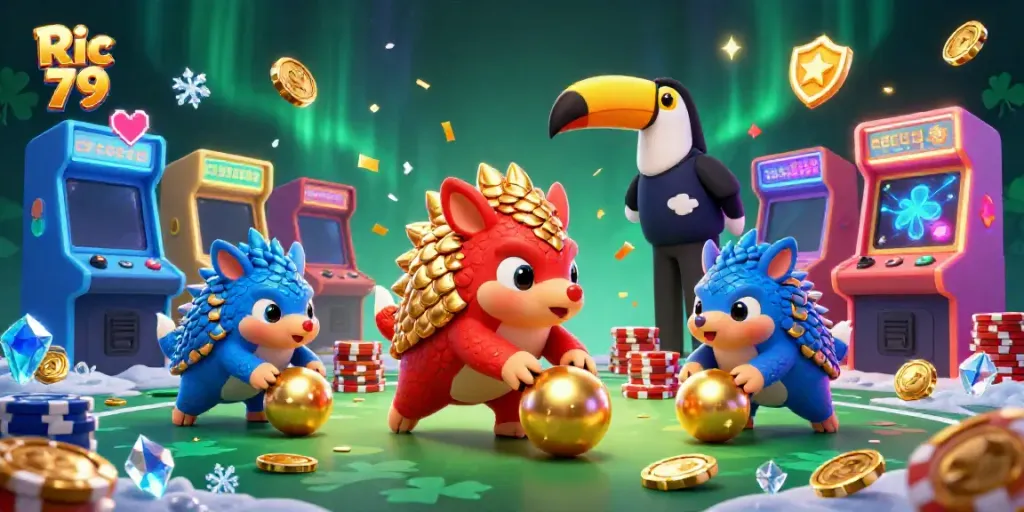 Experience exciting gameplay with Ric 79 as rival pangolins roll golden balls and topple poker chips in this vibrant scene.