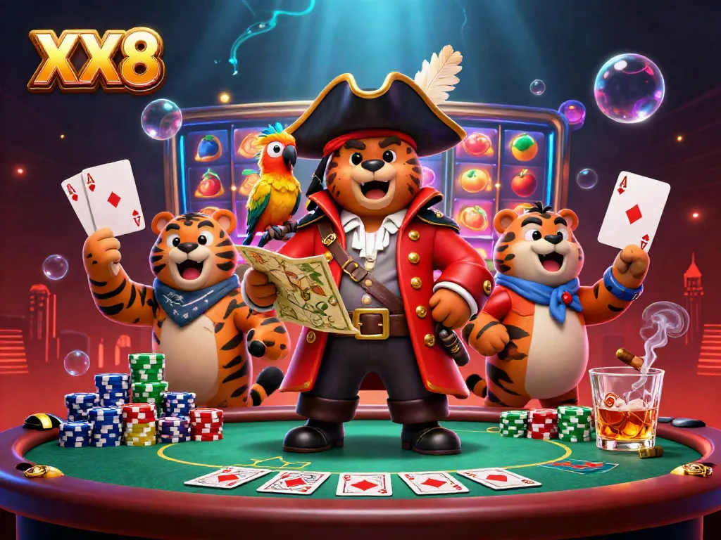 Experience the thrill of XX8 with a vibrant casino scene featuring a pirate captain bear and lively game elements.