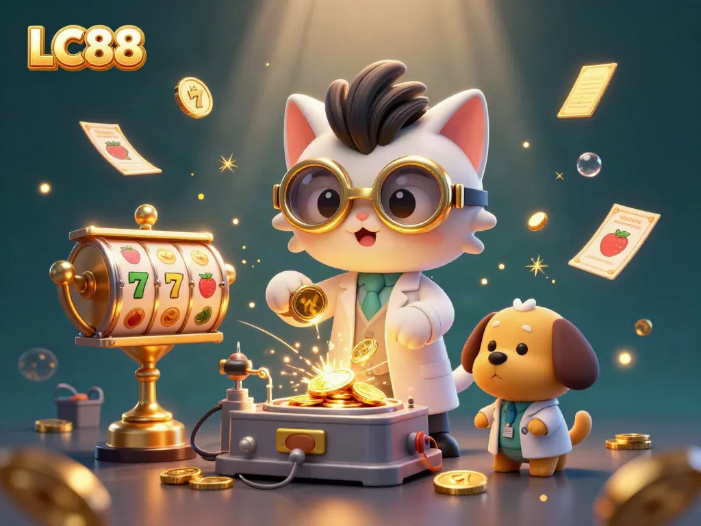 Experience the excitement of LC88 with a cartoon-style casino scene full of gold coins and vibrant gaming elements.