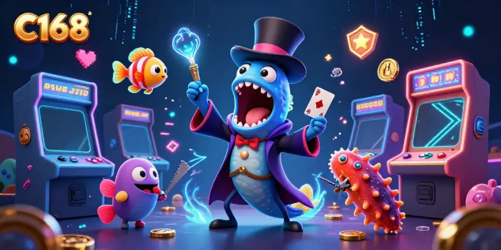 Experience C168's captivating magic show with unique sea creatures performing gambling-themed tricks in a vibrant arcade setting.