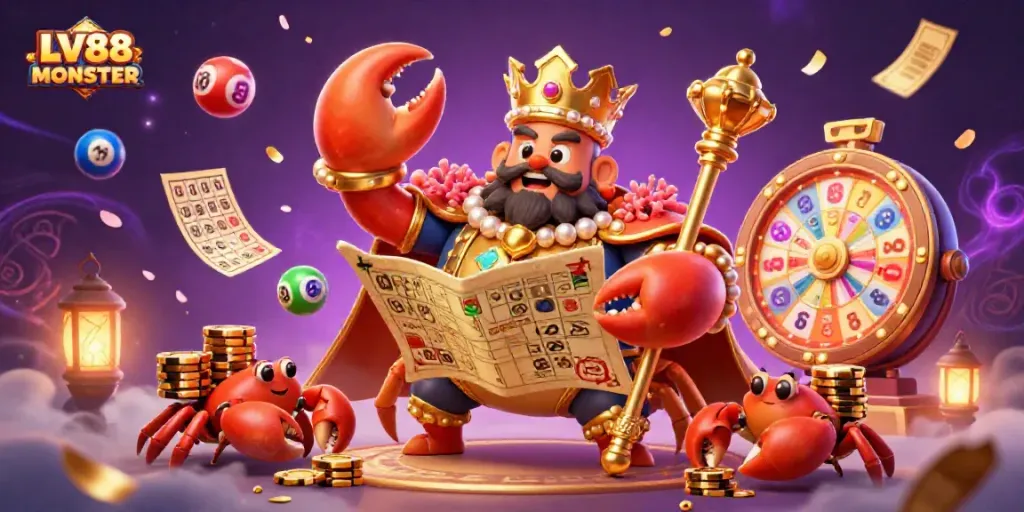 Win exciting jackpots at LV88 MONSTER with a vibrant scene of a golden crab king and friendly helpers surrounded by colorful casino elements.