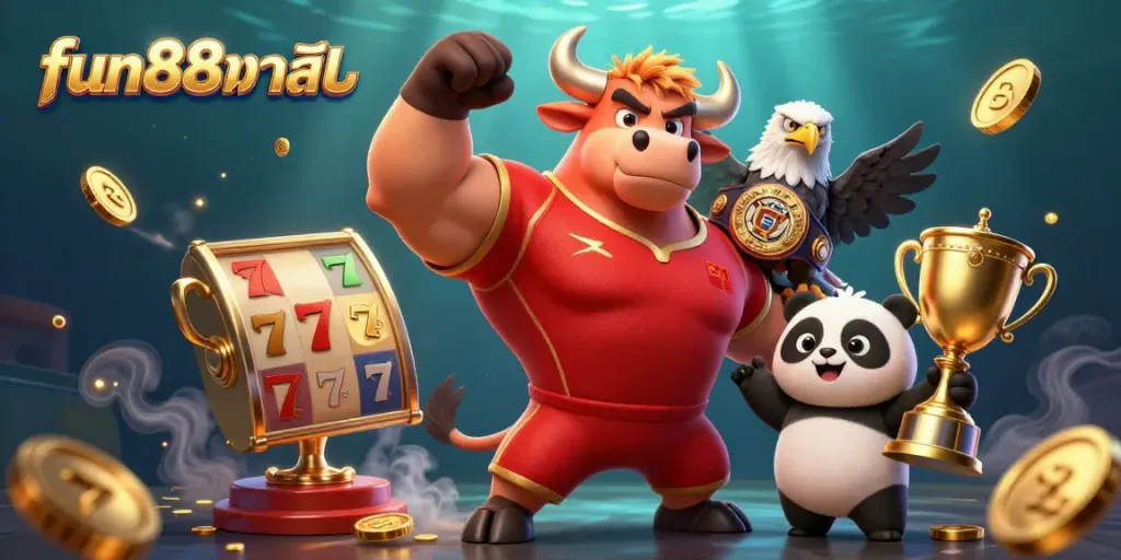 Experience the excitement of fun88คาสิโน with a vibrant 3D casino illustration featuring lively characters and dynamic game elements.