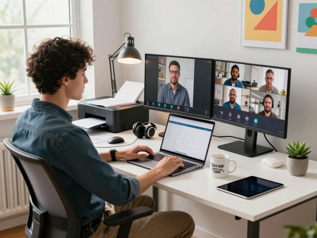 Dynamic remote work setup featuring ToDesk software on laptop, enhancing productivity and connectivity.