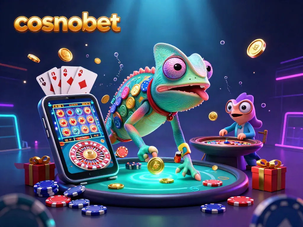 Experience the thrill of cosmobet with a vibrant 3D casino illustration featuring a chameleon owner.