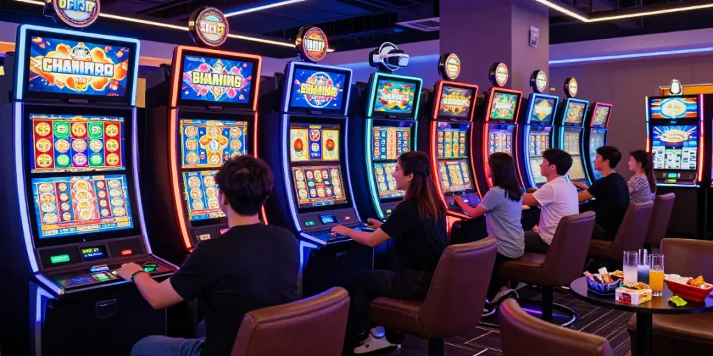 Excited player enjoying slots not on Gamstop in a vibrant gaming lounge.