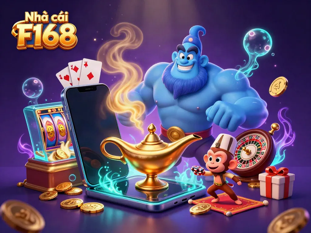 Experience the excitement of Nhà cái F168 with a cartoon genie, poker chips, and colorful slot games.