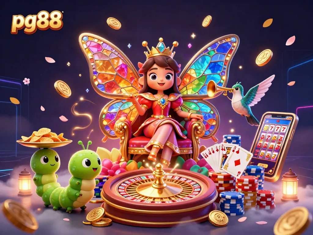 Experience thrilling gaming with pg88's vibrant butterfly queen and cascading casino elements.