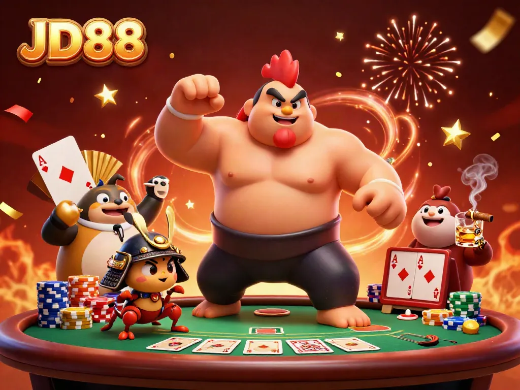 JD88 celebrates with a powerful sumo wrestler rooster, samurai cricket, and tanuki announcer at a festive poker table.