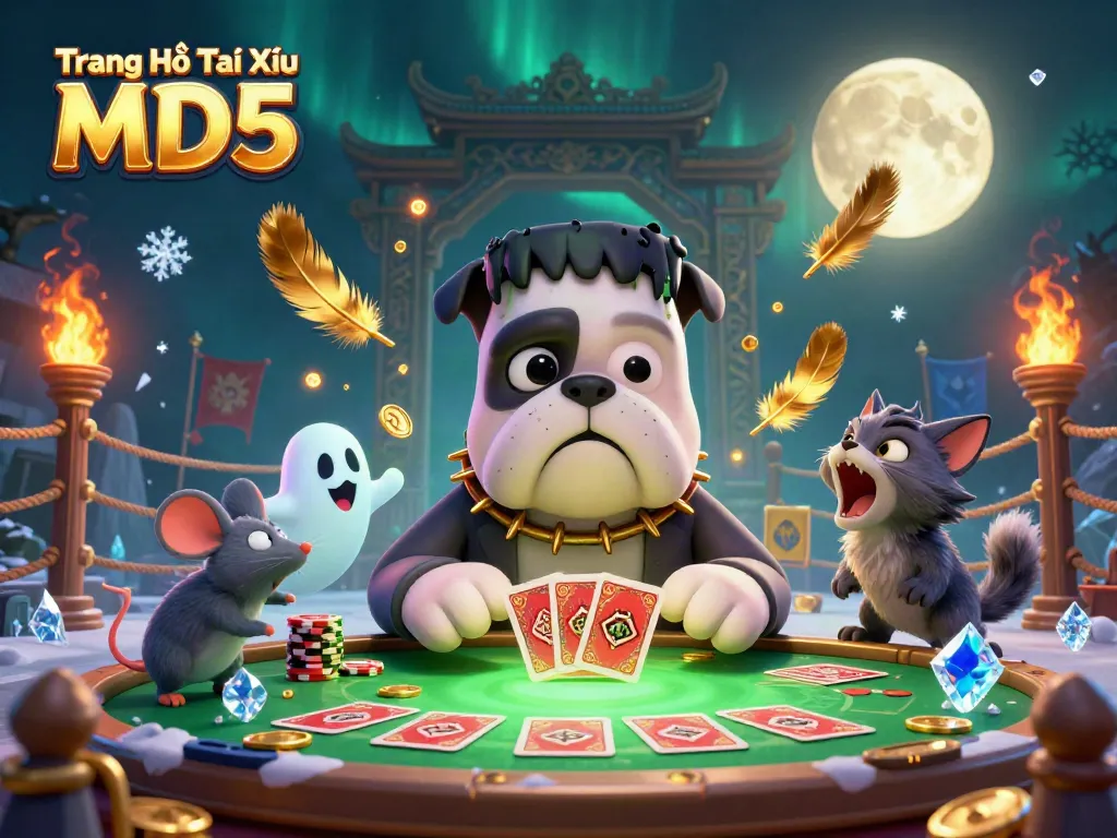 Engaging scene depicting Trang Chủ Tài Xỉu MD5 with unique characters in a lively casino atmosphere.