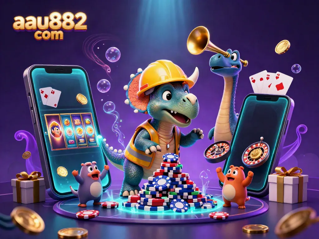 Experience thrilling casino action with aau882 com's lively scene featuring animated characters building poker chip towers.