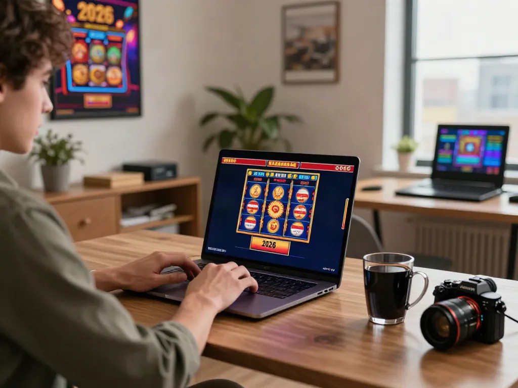 Engaged player at home exploring online casinos that accept credit card with vibrant slot game graphics on laptop.