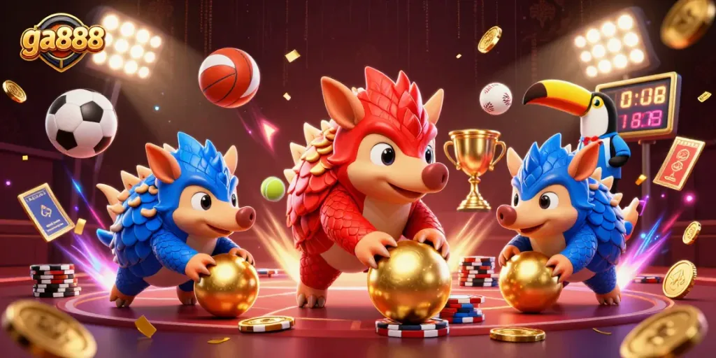 ga888 pangolins competing in a vibrant casino atmosphere with poker chips and sports balls