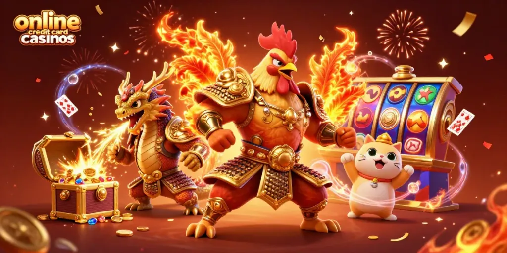 Experience the thrill of online credit card casinos with a dynamic scene of a fighting rooster, dragon, and fortune cat amidst an explosion of treasure and gaming elements.
