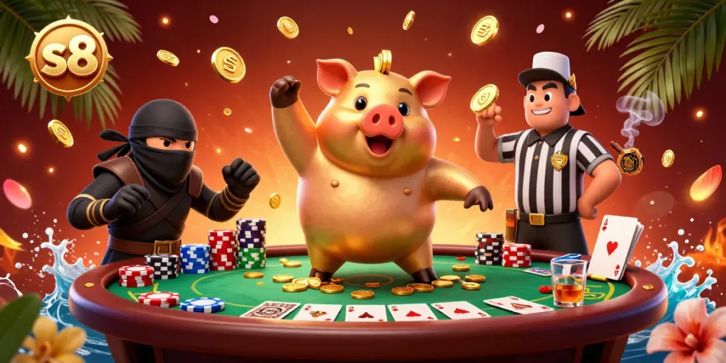S8's dynamic gaming scene featuring a golden piggy bank wrestler and vibrant poker elements.