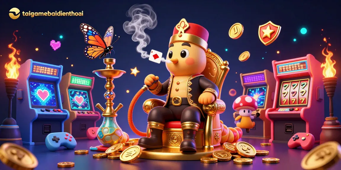 Engage in casino adventures at taigamebaidienthoai with an epic illustration of a caterpillar hookah-master surrounded by vibrant gaming elements.