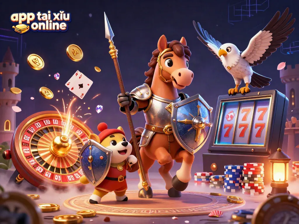Engage with app tài xỉu online in this vibrant 3D illustration of gaming excitement, highlighting dynamic casino elements.