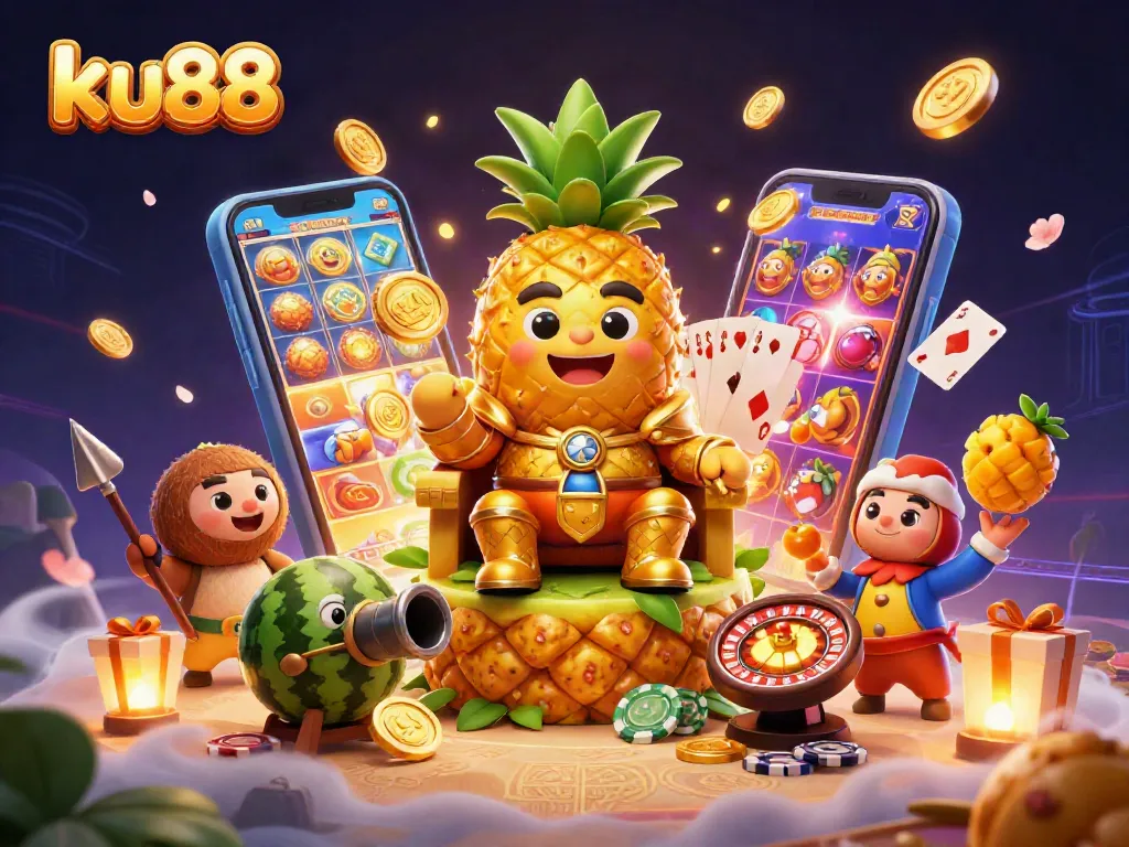 Play slot games at ku88 with a vibrant 3D-themed casino scene featuring a golden pineapple king and playful characters.