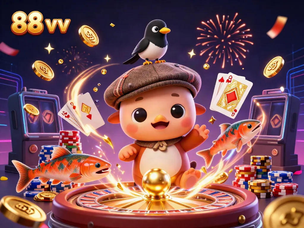 Engage in lucky 88 vv spins with vibrant 3D illustrations showcasing casino excitement.