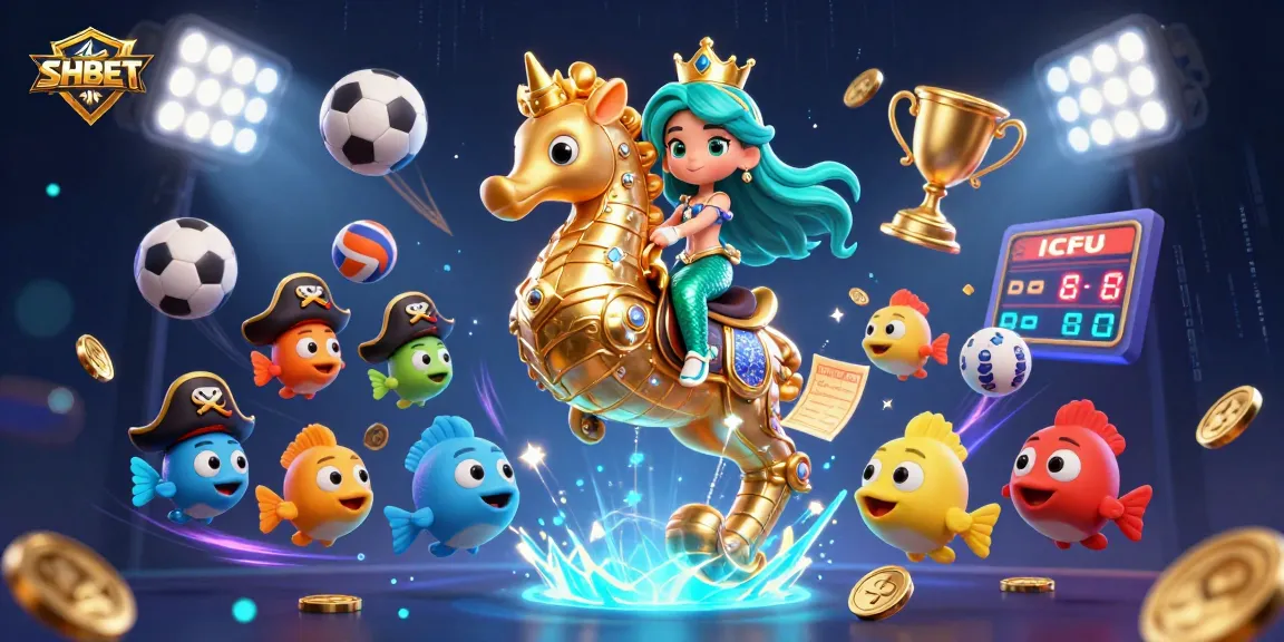 SHBET showcases a vibrant casino scene with a mermaid princess surrounded by dynamic sports elements, emphasizing excitement and gameplay.