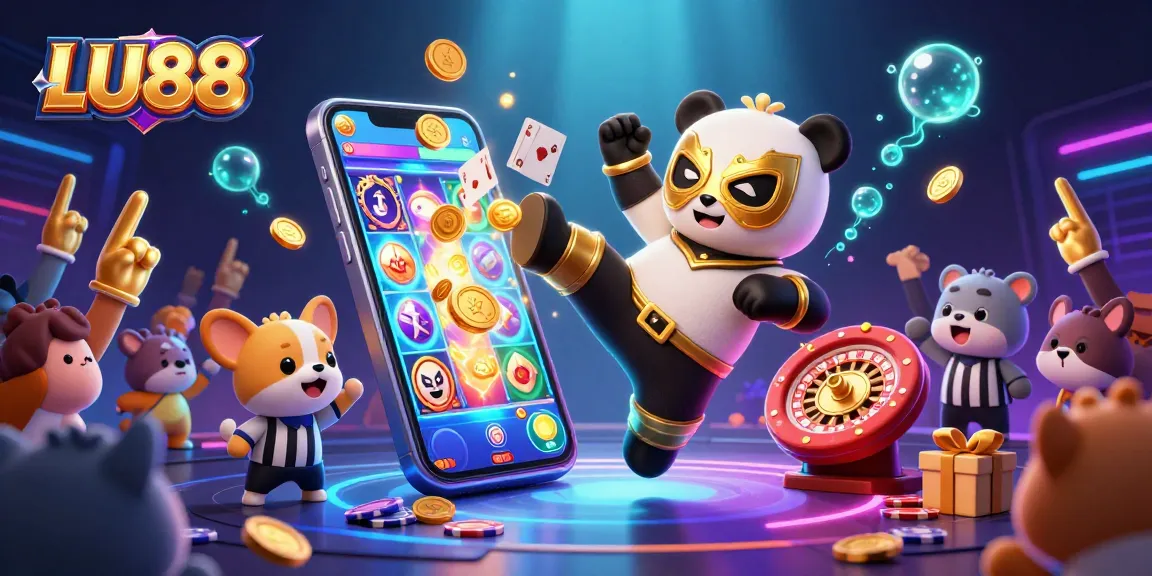 Engage in thrilling gameplay with LU88, featuring a dynamic panda wrestler, colorful slot games, and a vibrant crowd atmosphere.