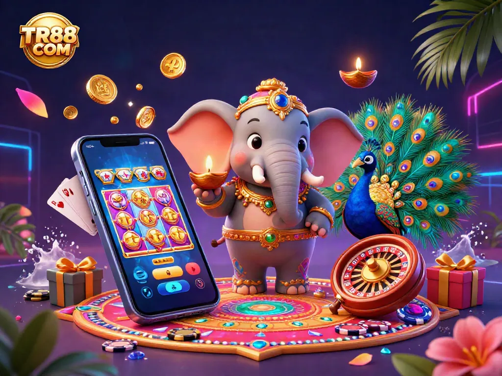 Engage with TR88 COM's vibrant 3D illustration showcasing the excitement of gambling and gaming.
