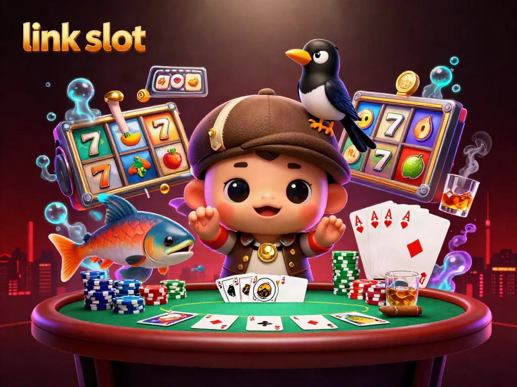 Spin on the link slot reels with vibrant symbols and playful characters in a lively casino scene.