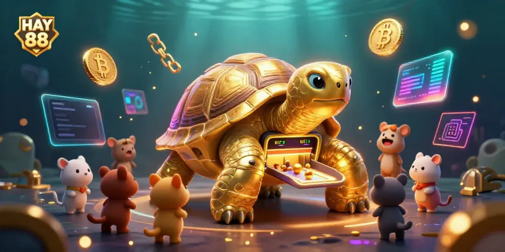 HAY 88 showcases a vibrant casino scene with a colossal tortoise as a pinball machine, surrounded by glowing crypto coins.